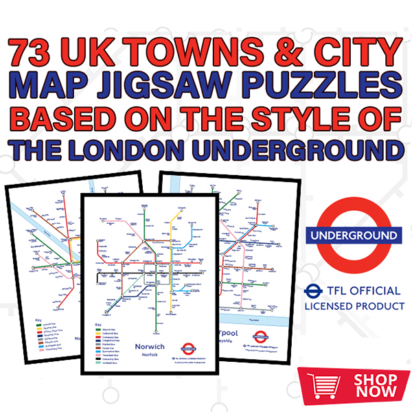 We have map jigsaw puzzles in similar style to the London Underground for 73 UK Towns